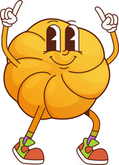 Funny groovy cookie and bakery character. Isolated cartoon vector amusing, happy pastry personage wearing colorful sneakers, dancing disco dance with cheerful expression, exuding fun and quirky vibes