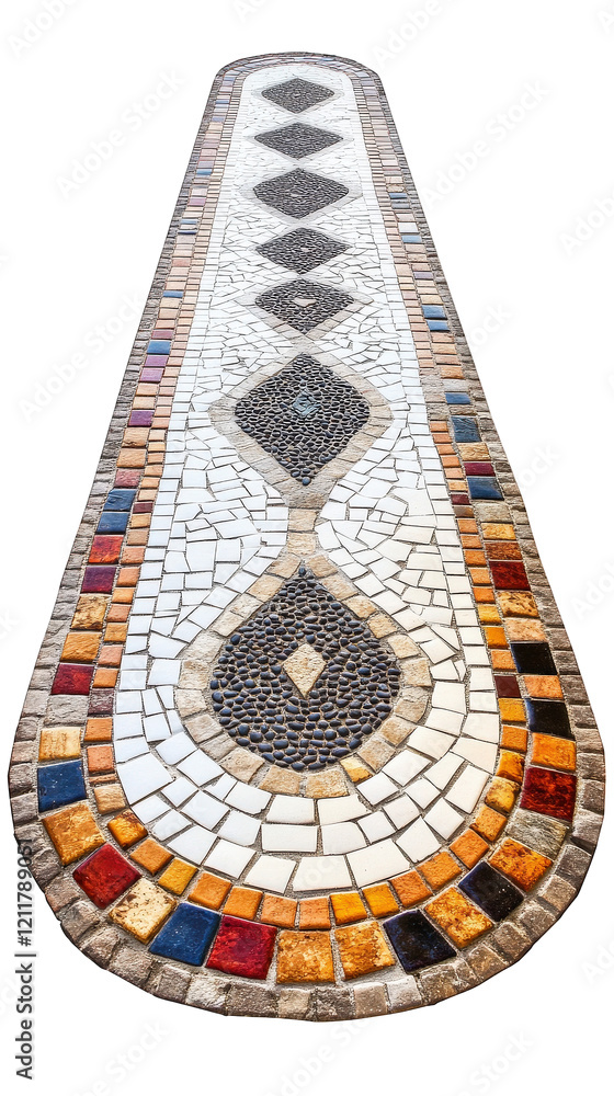 Poster mosaic tile pathway with colorful patterns and textures, creating vibrant and artistic design. ideal