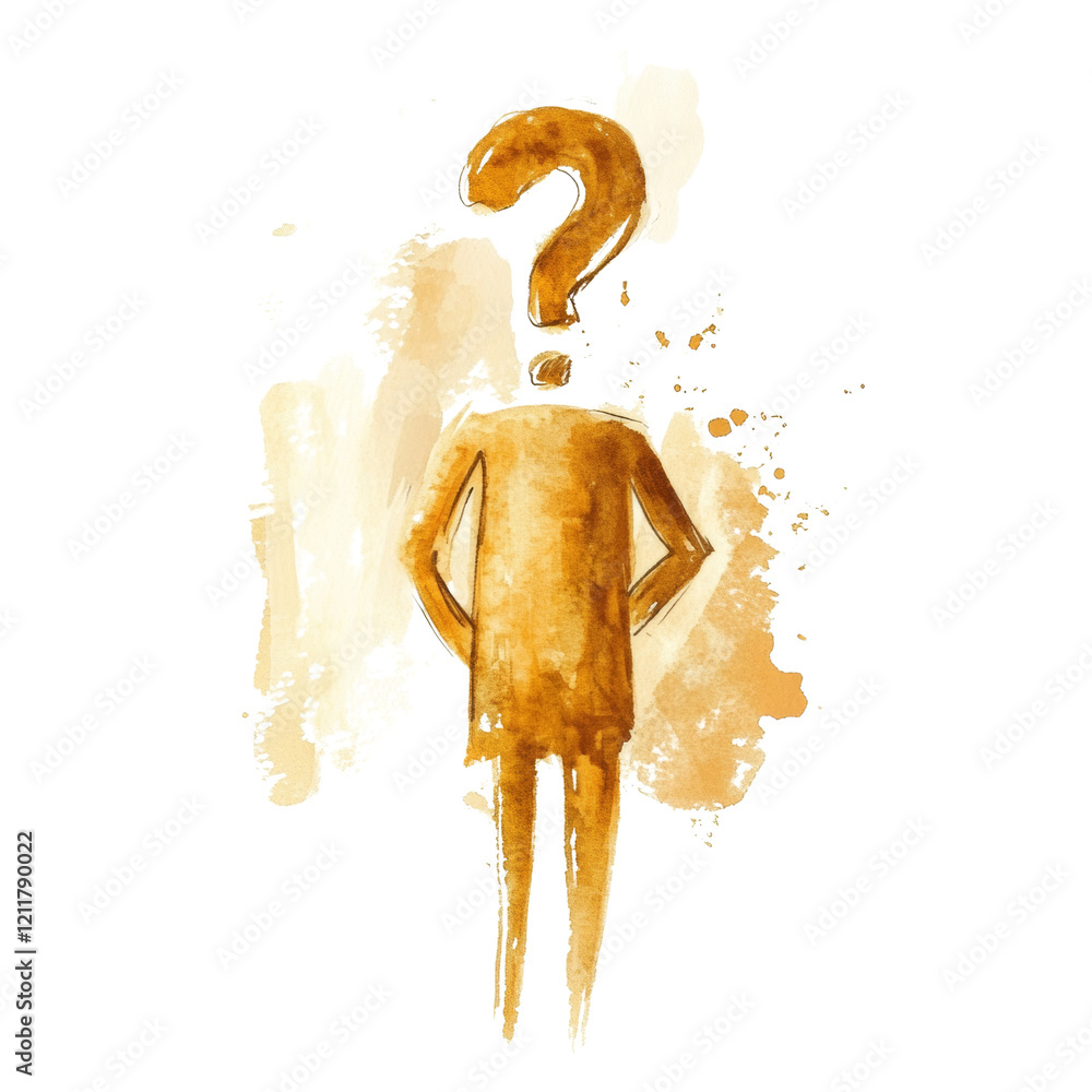Poster an abstract watercolor painting depicts a human figure with a question mark for a head symbolizing u