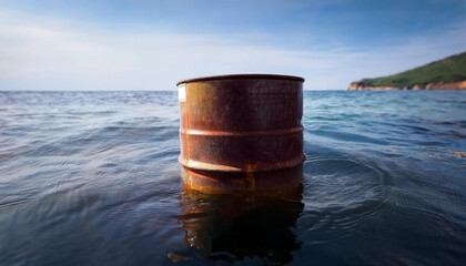 Fototapeta premium Old corroded barrel drifting on the surface of the ocean. Industrial waste and ecosystem.
