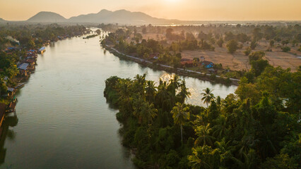 Aerial of Laos don det island at sunset view 4000 islands on Mekong river drone above 4 thousand island travel destination