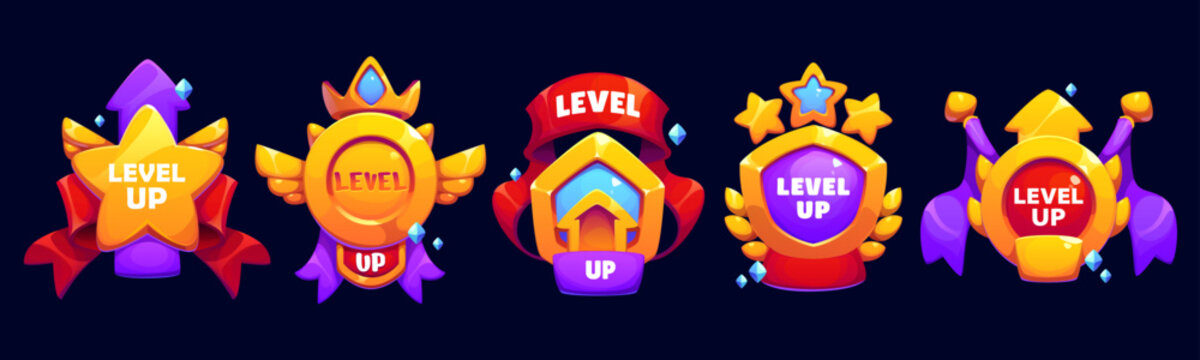 Level up game reward, user rate icons. Cartoon vector badges signify progression and achievement, victory and success in gaming. Gui pop up elements for mobile games, apps, or gamification projects