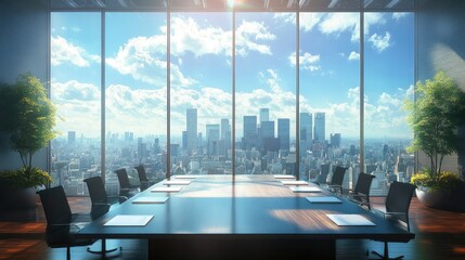 Modern boardroom with a large window view of a cityscape