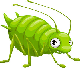 Cartoon funny aphid insect character. Isolated vector parasite bug or pest personage with large expressive eyes. Aphid beetle, greenfly or blackfly vermin insect with a vivid green color and antennas