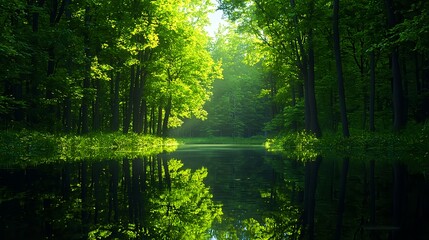 Obraz premium Serene Forest Scene with Lush Green Trees and Tranquil Water Reflections