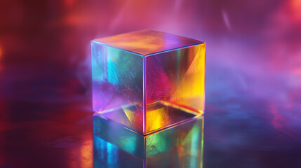 A shimmering, iridescent cube with shifting colors, placed on a reflective surface in a dark room with soft light bouncing off its edges.