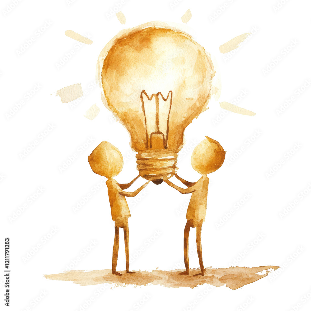 Poster a watercolor painting depicts two simple figures jointly lifting a large illuminated lightbulb symbo