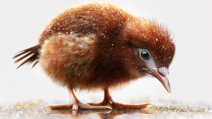 Puchaty młody ptak kiwi z brązowym upierzeniem na jasnym tle, symbolizujący delikatność i naturę.