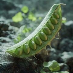 Close Up View of Green Peas Inside Open Pod on Rocks with Green Leaves on Blurry Background