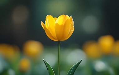 Single yellow tulip with dew drops, blurred background.
