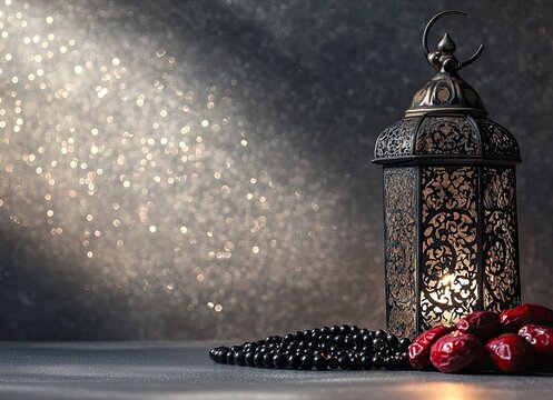 An ornate lantern with an openwork crescent moon design, casting intricate shadows on the wall; next to it lie black rosary beads and red dates fruit. 
