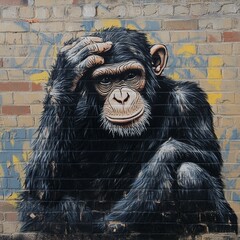 Chimpanzee Resting Head on Hand Looking Slightly Confused Mural on Brick Wall Outdoors