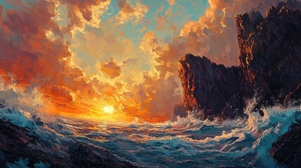 Sunset hues painting rugged cliffs and waves as they crash against the rocky coastline