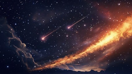 Naklejka premium Night sky, shooting stars, fiery clouds, cosmic landscape, space background