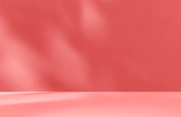 Empty red rose pink room studio with shadow of leaves overlay effect. Sunlight shining through window. Product presentation display showroom. Cosmetic beauty fashion rooms. Valentine background.