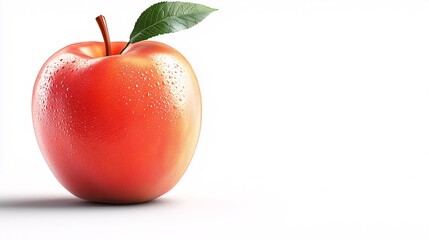 Jabłko z błyszczącymi kroplami wody i zielonym listkiem, na jasnym tle, podkreślające świeżość.