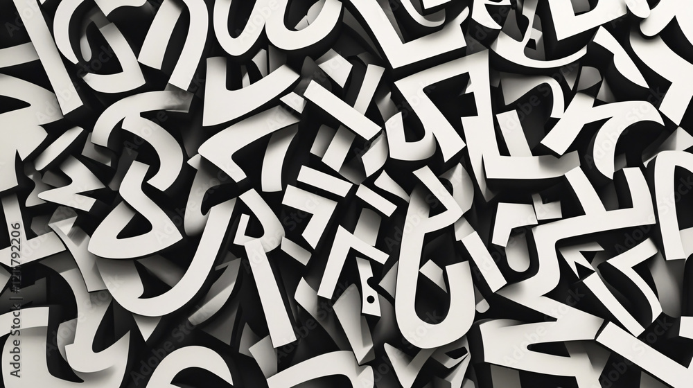 Poster dynamic black and white jumble of bold abstract 3d letters creating a chaotic yet artistic typograph