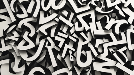 Obraz premium Dynamic black and white jumble of bold abstract 3D letters creating a chaotic yet artistic typography-inspired composition 