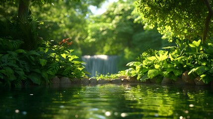 Fototapeta premium Tranquil Nature Scene with Lush Greenery and Gentle Waterfall