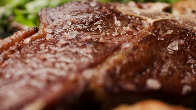 A succulent grilled T-bone steak on a table, surrounded by vibrant greenery. Perfect for showcasing gourmet cooking, BBQ recipes, and food styling content