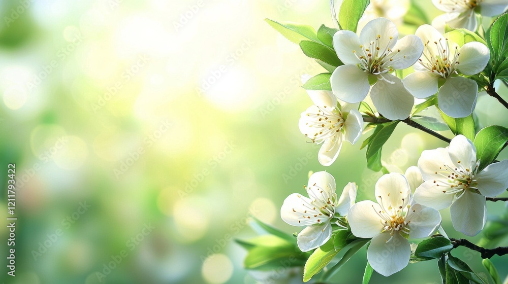 Poster delicate branches adorned with white blossoms bask in the warm glow of sunlight, creating a serene a
