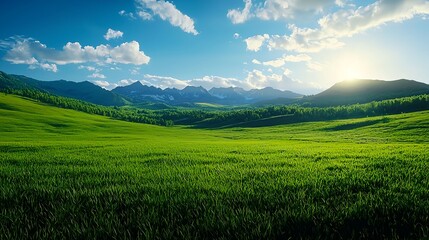 Obraz premium Lush Green Meadow Under Bright Blue Sky with Mountain Range Background
