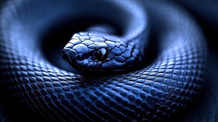 Fototapeta premium Coiled black snake, night, dark background, danger