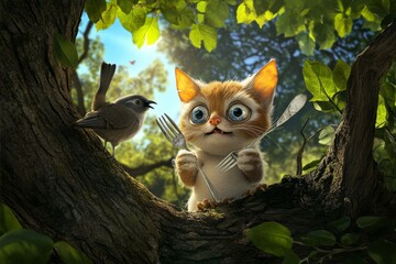 Curious Kitten Holds Forks with Bird in Tree