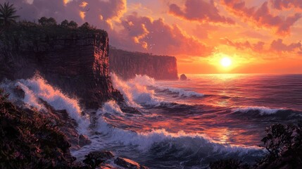 Fototapeta premium Sunset-lit cliffs and crashing waves, vibrant orange hues blending into the rugged seaside landscape