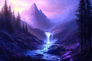 Serene Waterfall in Purple Mountain Valley Landscape