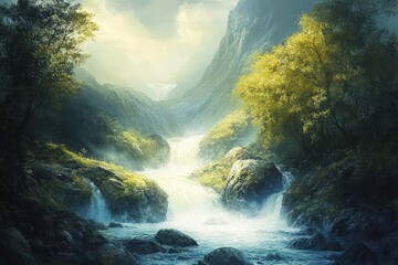 Serene Mountain Waterfall Cascading Through Lush Green Valley