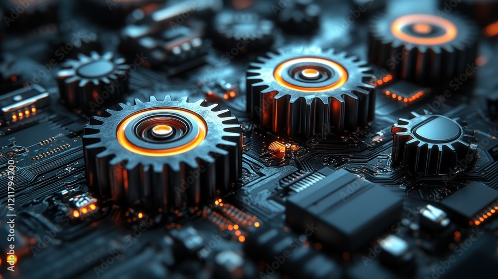 Poster technological gears: a mesmerizing close-up of intricate metallic gears on a circuit board, symboliz