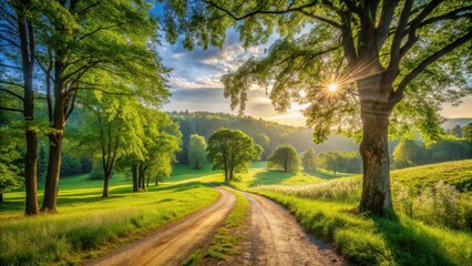 Obraz premium Sunlit Country Road Winding Through Lush Green Meadow and Majestic Trees at Sunset