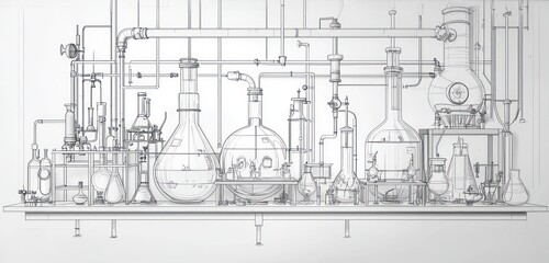 Sharp line depiction of a chemical lab with various tools.