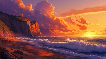 Fototapeta premium The beauty of coastal cliffs under an orange sunset, with waves breaking against the shoreline