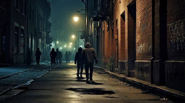 gang men in dark clothes and hoods walk down a dim city street at night, surrounded by shadows and graffiti covered walls, creating a gritty and suspenseful urban scene