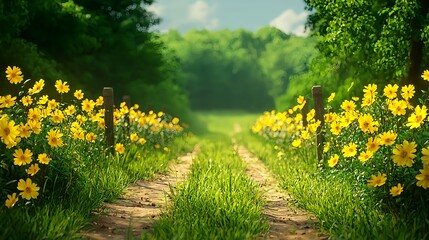 Obraz premium Scenic Pathway Surrounded by Vibrant Yellow Flowers in Nature