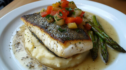Pan-Seared Fish with Garlic Mashed Potatoes and Roasted Asparagus
