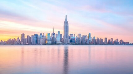 Obraz premium City skyline sunrise, peaceful waters, urban landscape, travel poster