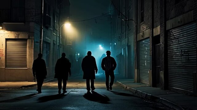gangster men in dark clothes and hoods walk down a dim city street at night, surrounded by shadows and graffiti covered walls, creating a gritty and suspenseful urban scene