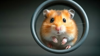 A close-up of a curious hamster peeking through a circular opening, showcasing its adorable features, This image is ideal for pet care articles, children's books
