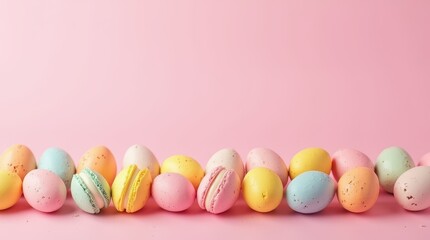 Row of colorful pastel Easter eggs and macarons on a pink background. Festive composition with copy space for text