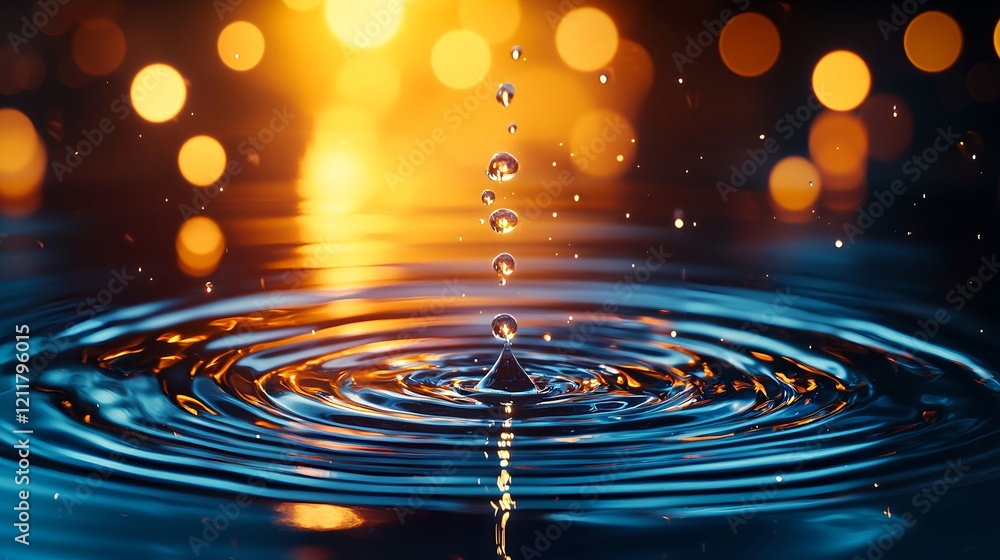 Poster water droplet creating ripples with bokeh background and light effects