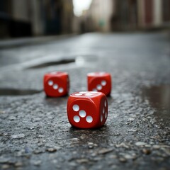 Three Red Dice on Pavement Gaming Pieces Play Chance Gambling Strategy Randomness Urban Setting