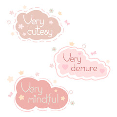 Set of pastel themed typography illustrations with delicate phrases Very Cutesy, Very Demure, and Very Mindful. Pastel colorful half speech bubbles. The design exudes charm and elegance, perfect for