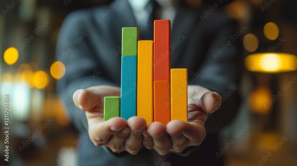 Poster in a contemporary office environment, a businessman holds a vibrant bar graph created with blocks, i