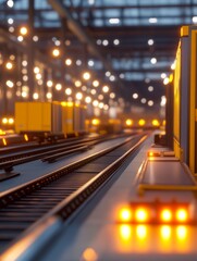 Fototapeta premium Industrial railway scene with illuminated tracks and freight containers in a bustling warehouse