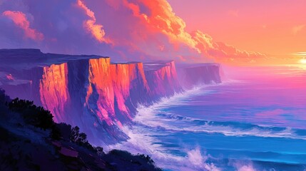 Fototapeta premium A breathtaking seaside scene with cliffs glowing under sunset light and waves crashing below