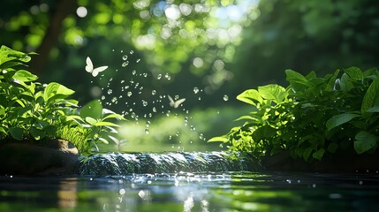 Naklejka premium Tranquil Stream with Water Splashes and Butterflies in Lush Greenery