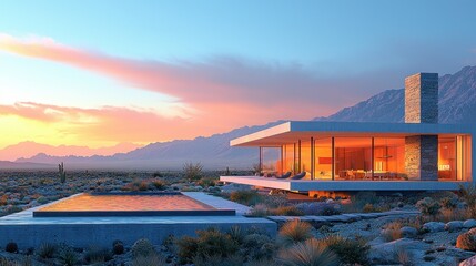 Obraz premium Desert Sunset Modern House Architectural Visualization